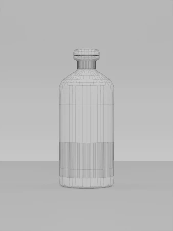 3D render of wireframe glass bottle against a plain background, showcasing a clear and simple design with visible structural lines.