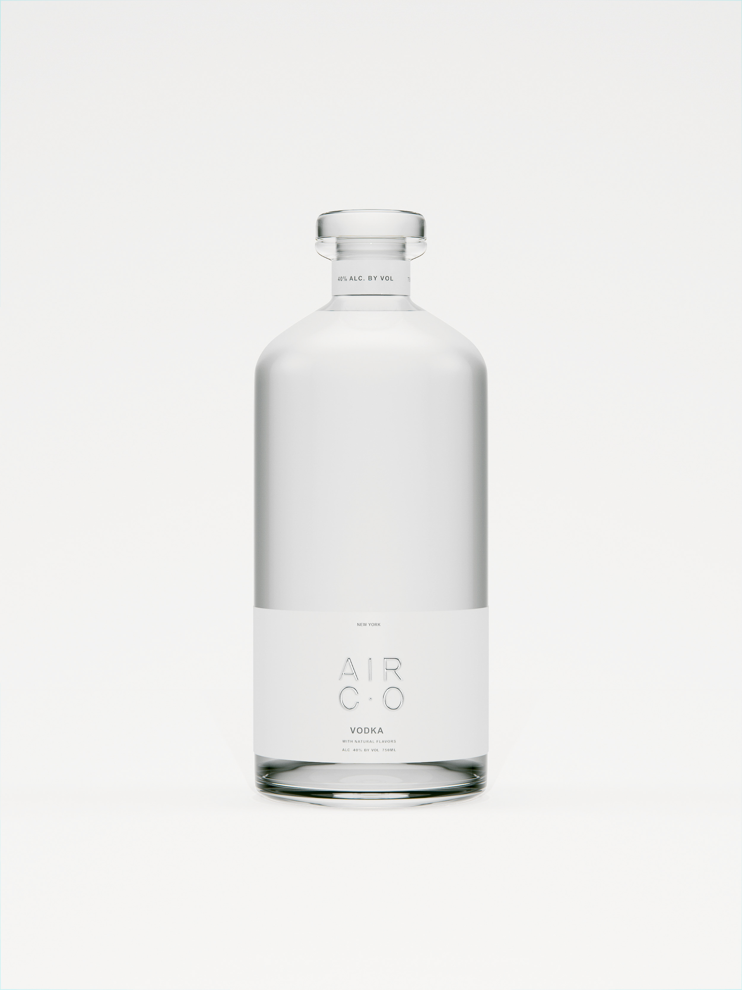 Elegant minimalist studio shot of a clear glass bottle of Air Co vodka with a label, set against a clean, bright white background.