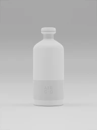 White glass vodka bottle centered against a minimalist grey gradient studio backdrop.