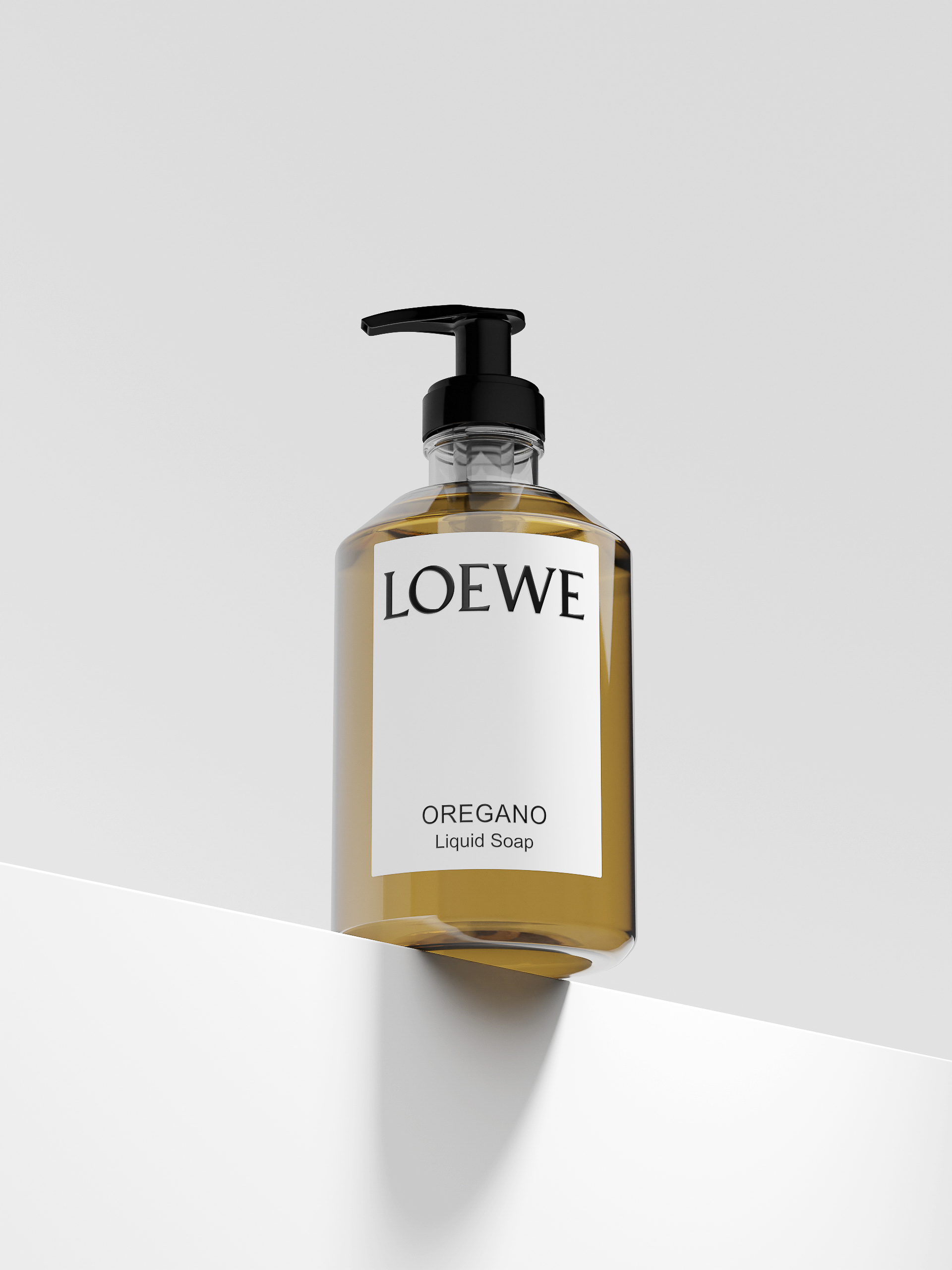 Loewe Oregano liquid soap bottle with a black pump dispenser. The bottle sits on a white surface against a white background.