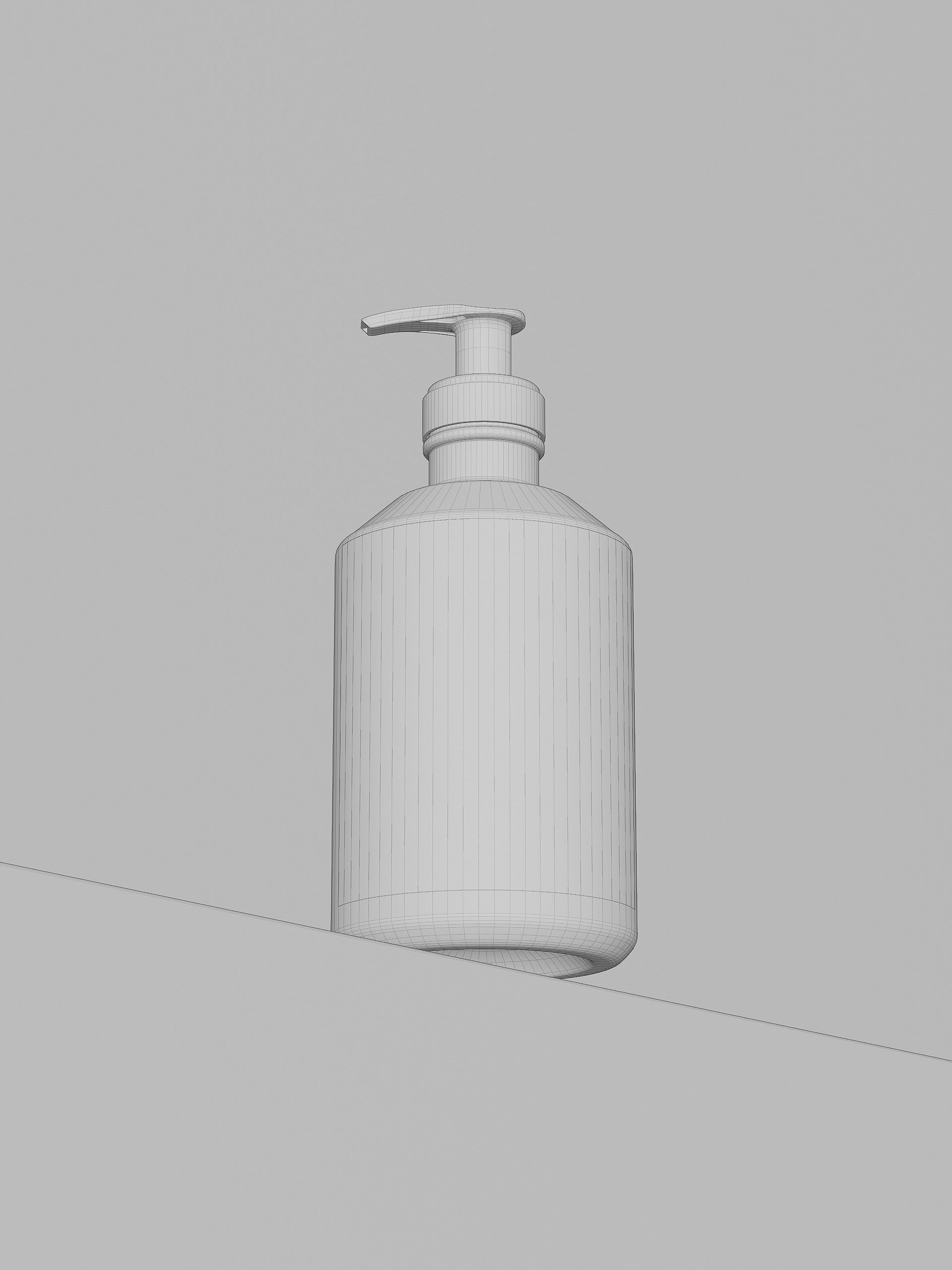 Digitally rendered soap dispenser against a gray background. The dispenser is made of a wireframe mesh and sits on a solid gray surface.
