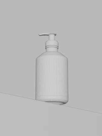 Digitally rendered soap dispenser against a gray background. The dispenser is made of a wireframe mesh and sits on a solid gray surface.