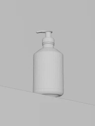 Wireframe 3D render of a Loewe pump dispenser bottle resting on a surface against a solid grey background