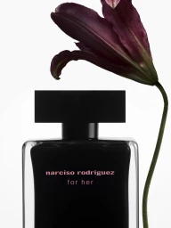 Black Narciso Rodriguez perfume bottle with a dark flower stem positioned overhead against a plain white background