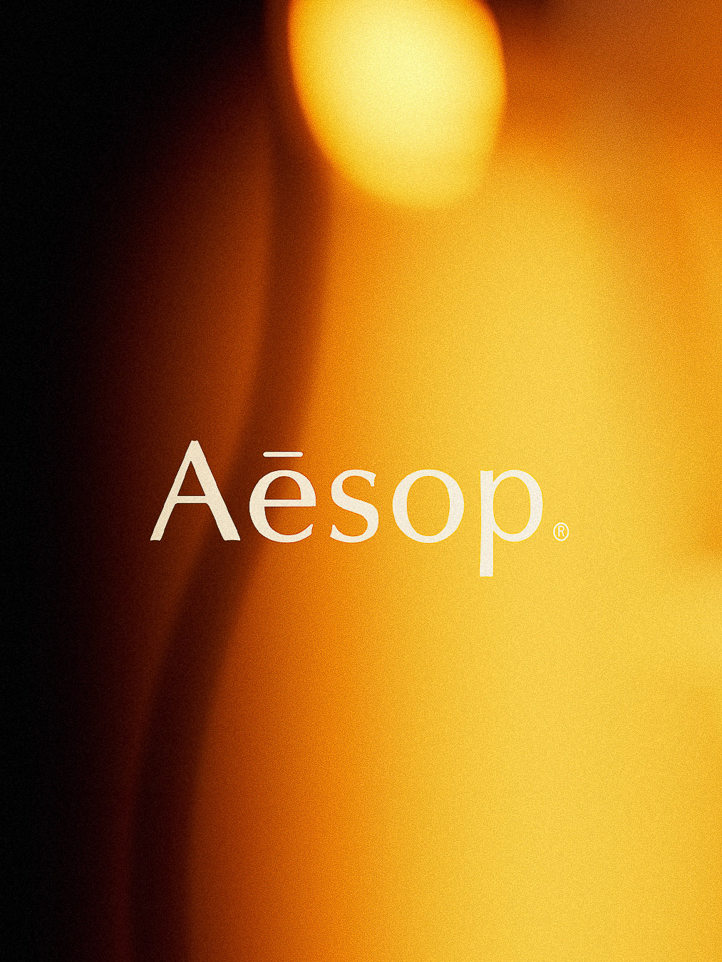 Soft focus studio shot of the Aesop logo against a warm orange gradient background with subtle black textures on the left.