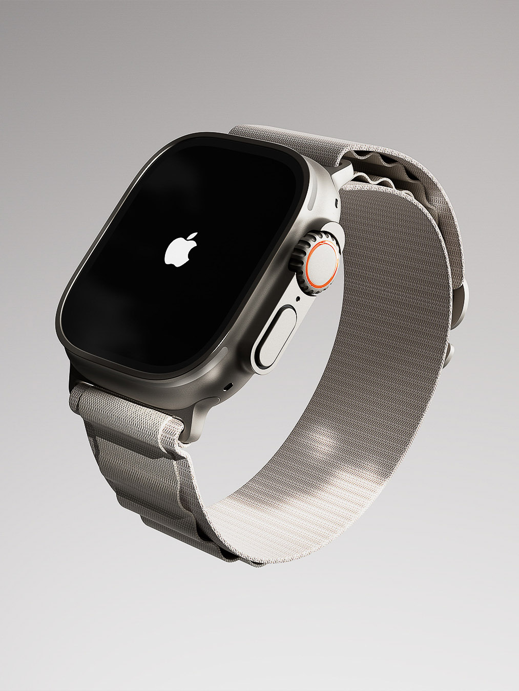 Close-up of an Apple Watch Ultra with a gray band, showcasing its design and technology in a studio product shot.