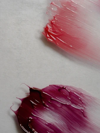 Two dabs of glossy lip gloss on white paper. One dab is reddish pink, and the other is deep magenta and creates a glossy texture.