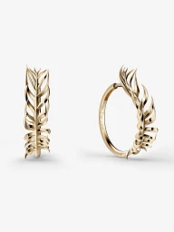Pair of Eddie Borgo gold sculptural feather motif hoop earrings shown from front and side angles against a white background.