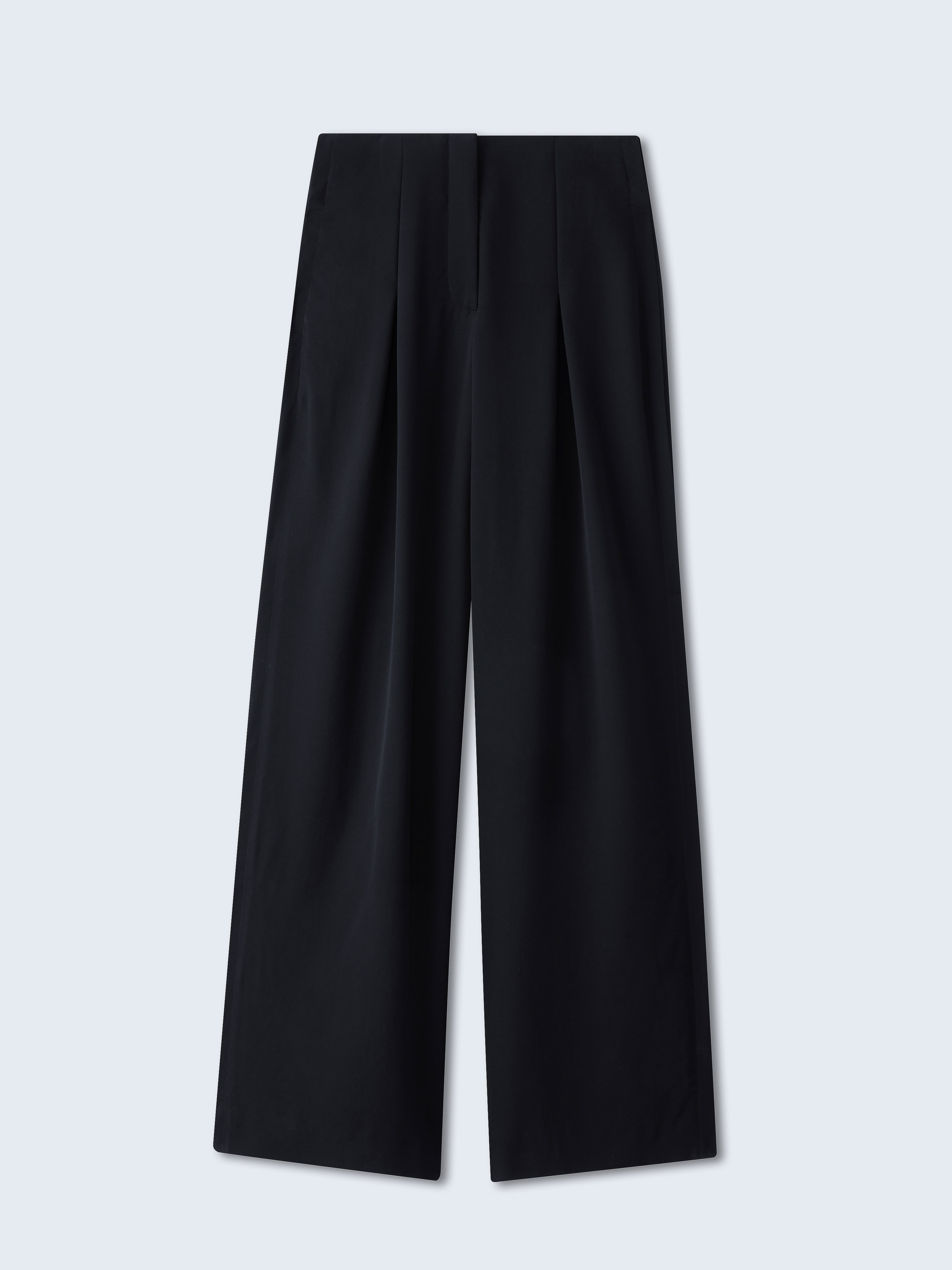Black, wide-leg pants on a light grey background. The garment is cleanly pressed and neatly arranged, showcasing its design and fabric.