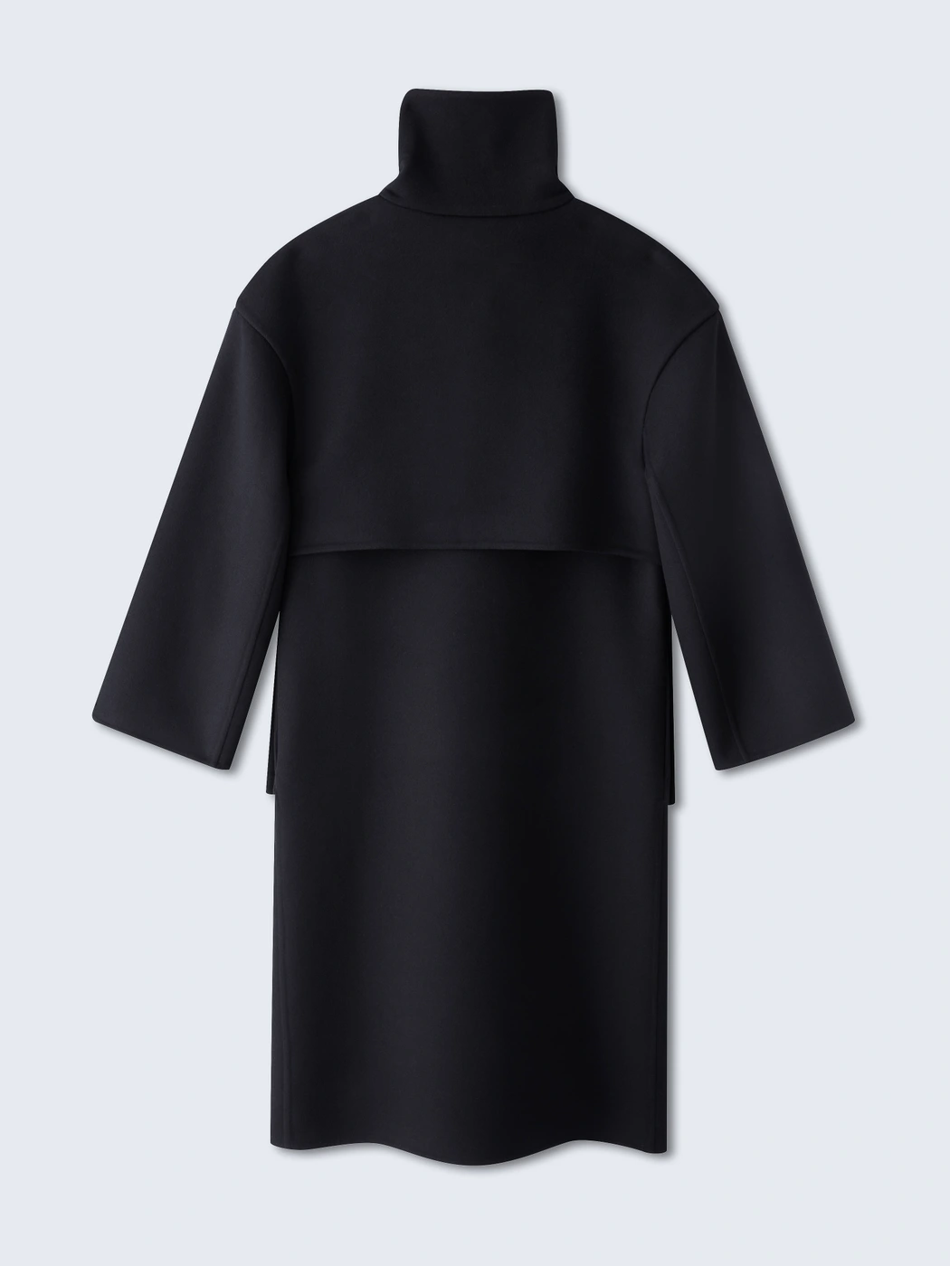 Back view of a structured black high-neck coat with wide sleeves against a plain neutral background.