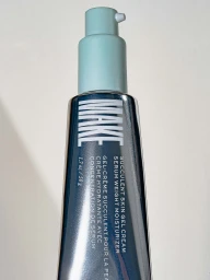 Close-up of a metallic grey Make Beauty Succulent Skin Gel Cream moisturizer tube with a light mint green pump dispenser.