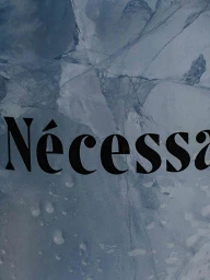 Close-up of black serif typography for Nécessaire over a cool blue textured surface with frozen ice and water droplets.