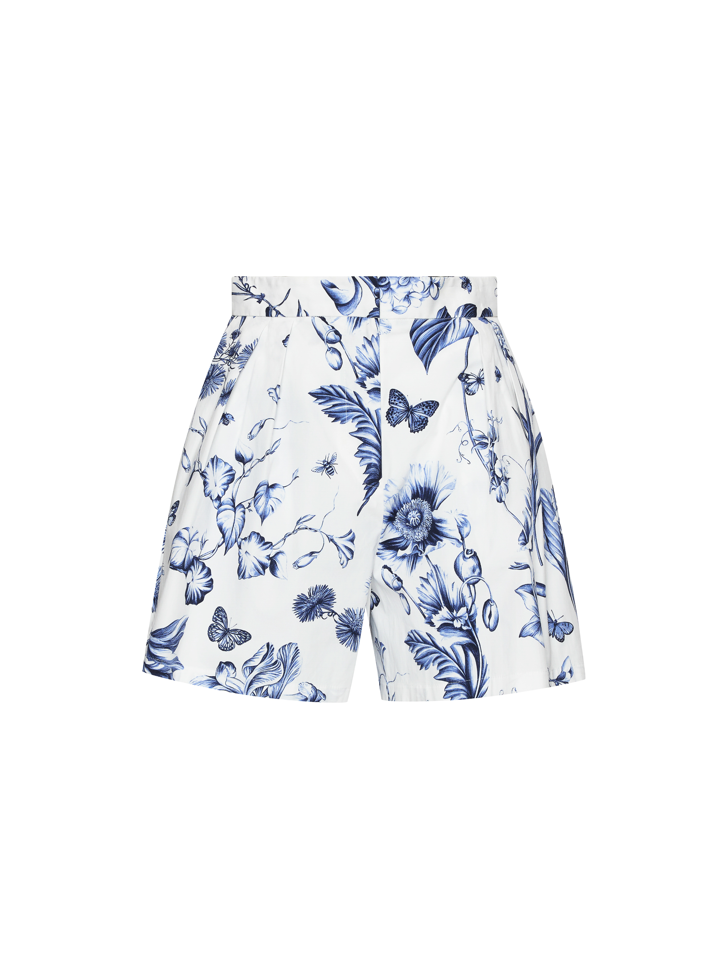 White shorts featuring a blue floral and butterfly pattern. The shorts are high-waisted with a defined waistband and are isolated against a white background.