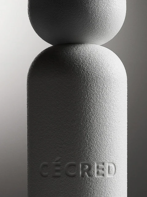 Close-up of a textured white sculpture featuring stacked geometric shapes—a sphere on top of a capsule shape—against a gradient background.