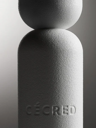 Close-up of a textured white sculpture featuring stacked geometric shapes—a sphere on top of a capsule shape—against a gradient background.