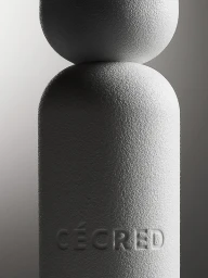 Close-up of a white textured Cécred bottle with embossed branding, topped with a spherical cap against a gradient studio backdrop.