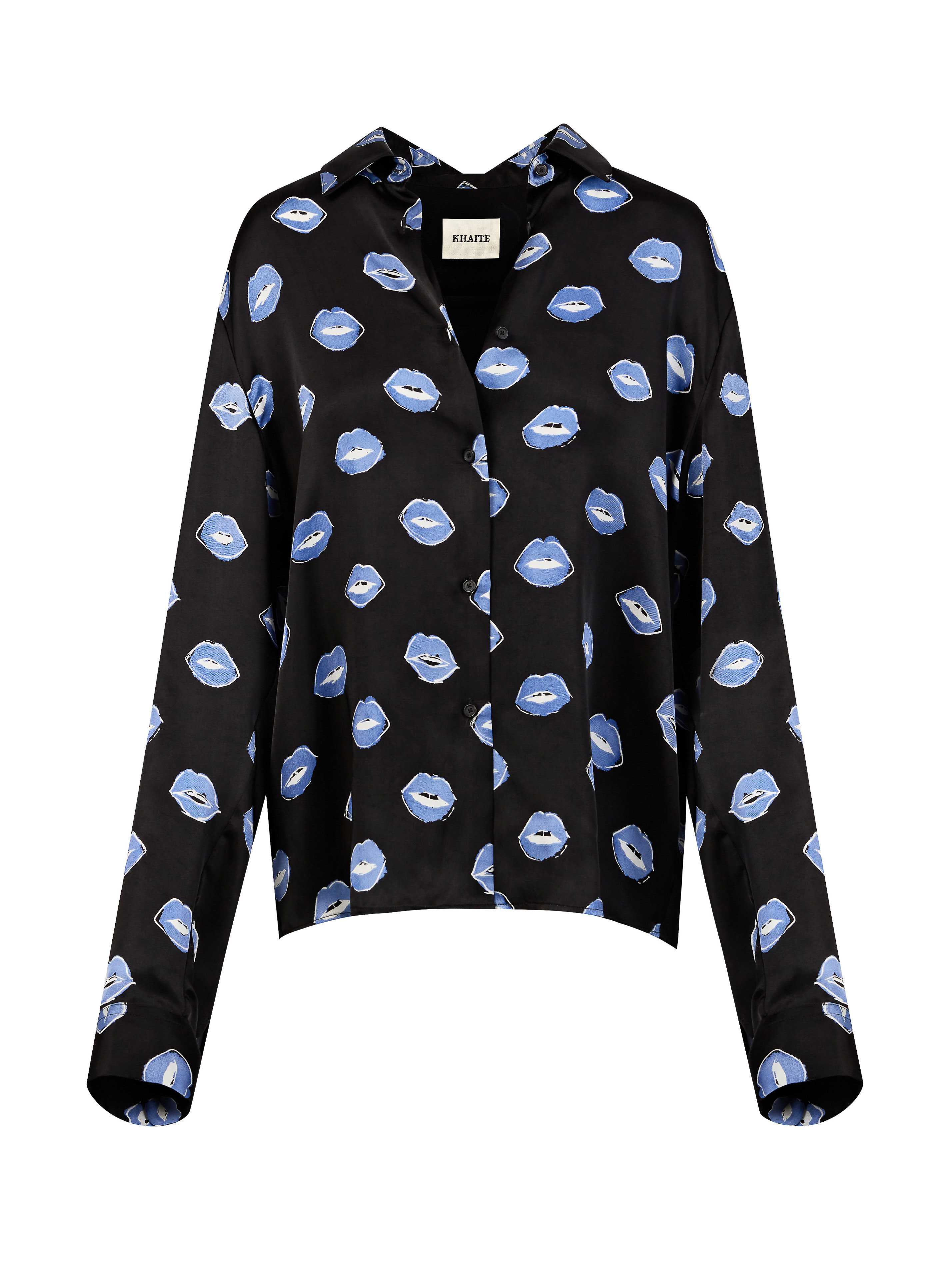 Black long-sleeved collared shirt with all-over blue lip print. V-neckline, button-up closure, and casual design for everyday wear.
