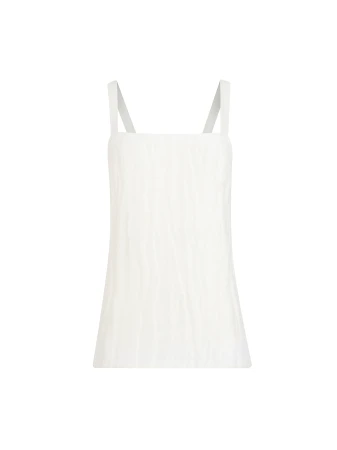 White linen tank top with square neckline and spaghetti straps, isolated on a white background. Fashion product shot.