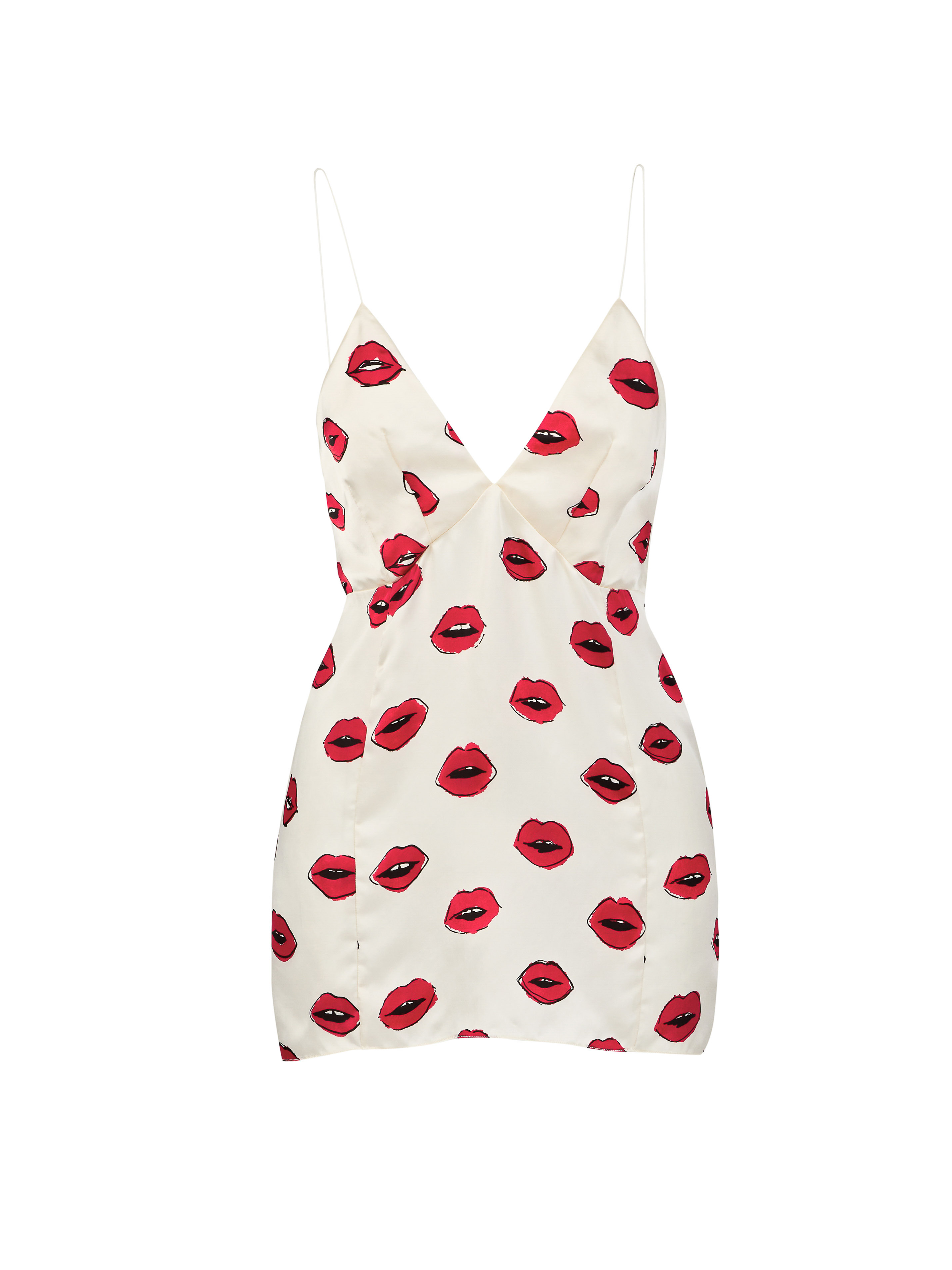 Sleeveless mini dress in white with an all-over red lips print. V-neck design with thin straps and a form-fitting silhouette, ideal for summer.