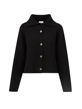 Close-up shot of a black, button-down cardigan with a collared neckline and a ribbed knit texture, presented against a plain white backdrop.