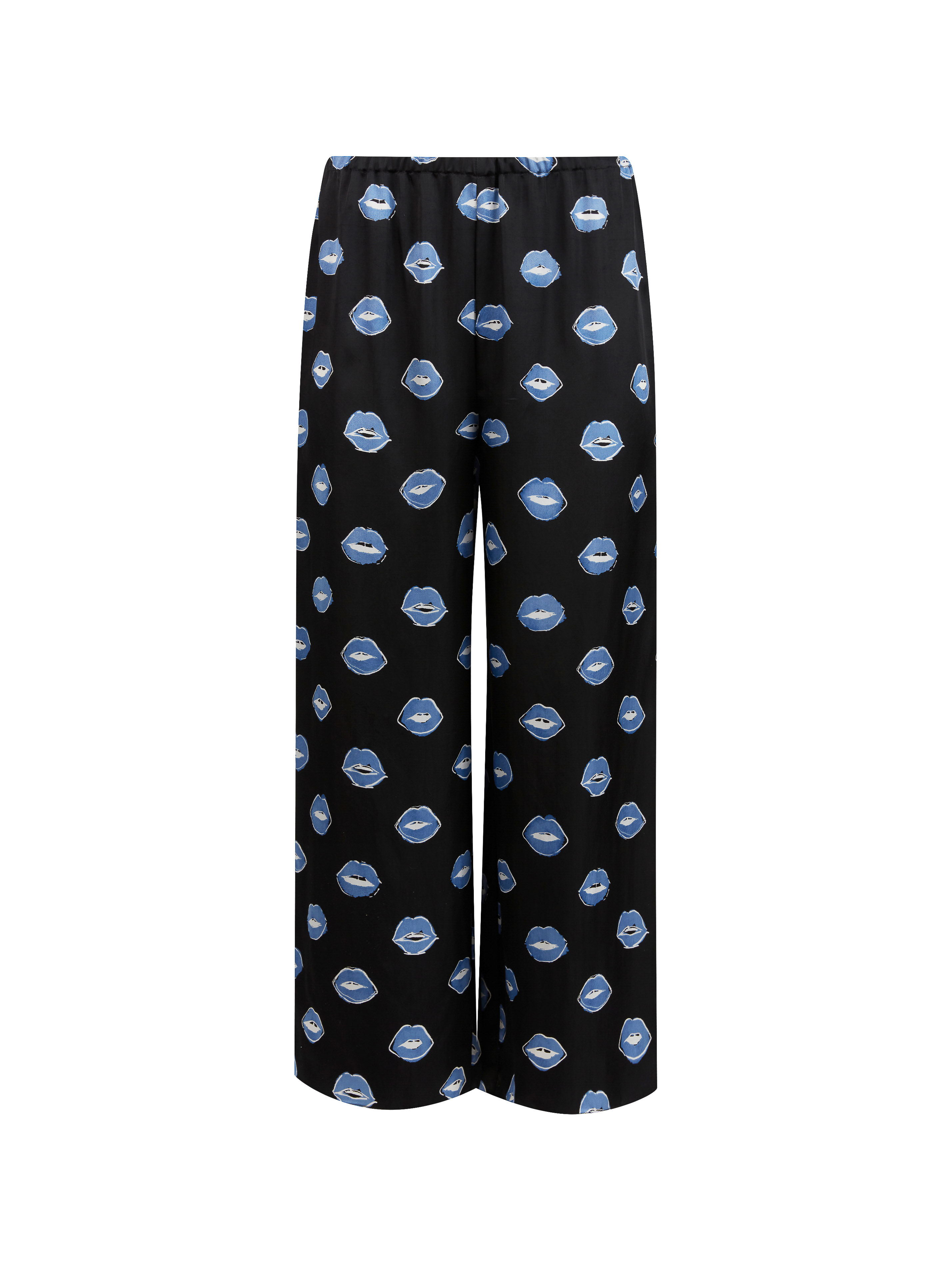 Full shot of wide-leg pants with blue lips pattern on black fabric. Fashionable trousers for stylish women, perfect for casual wear.