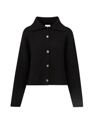 Black button-down knit cardigan with a wide spread collar and marbled buttons on a clean white background.