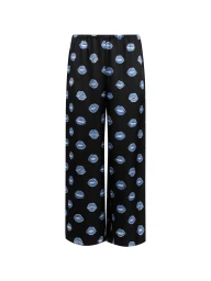 Black wide-leg trousers featuring an all-over blue lip graphic print against a seamless white studio background.