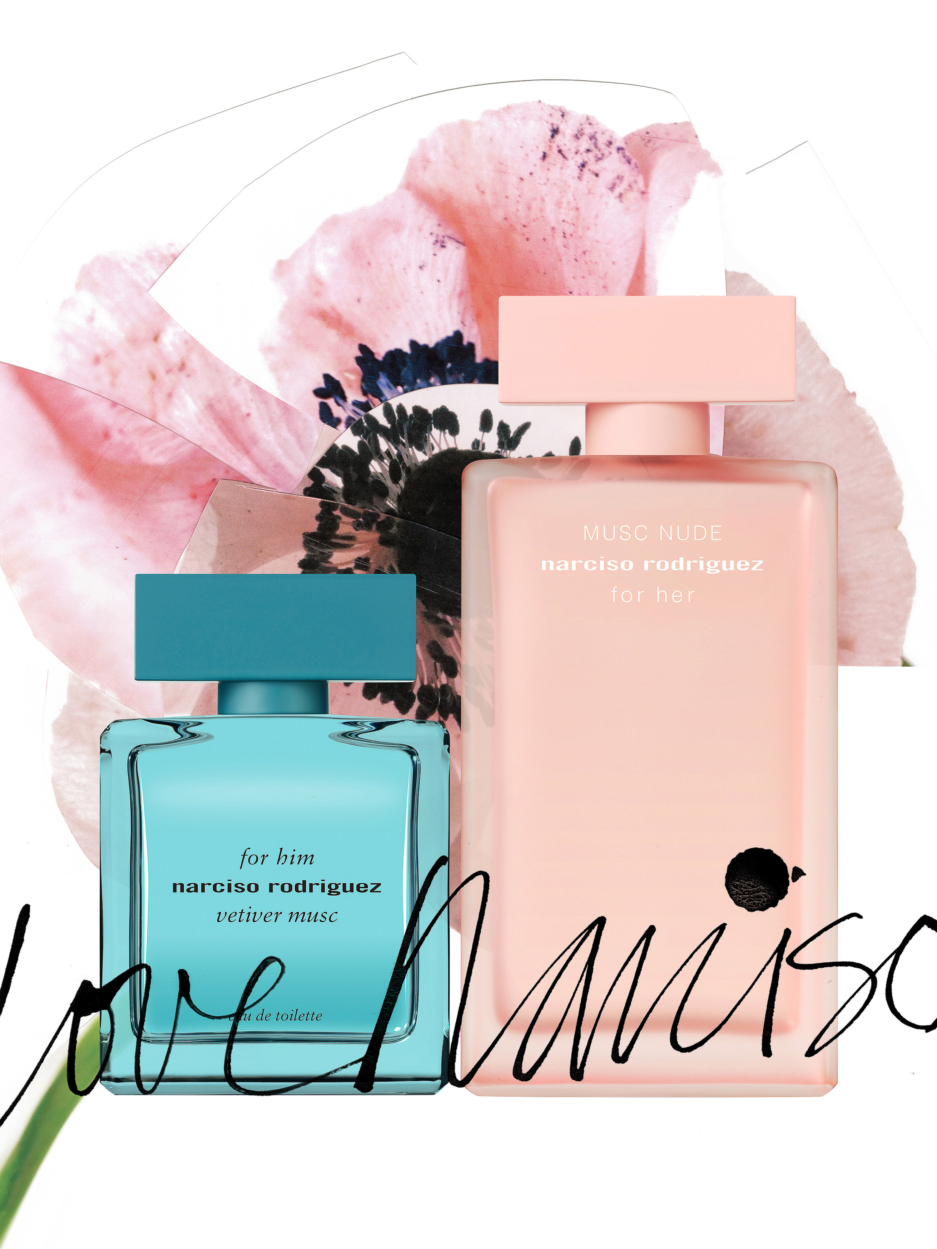 Two Narciso Rodriguez perfume bottles, one turquoise and one peach, stand in front of a blurred floral background and a handwritten inscription.