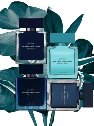 Four Narciso Rodriguez For Him fragrance bottles in teal and navy glass arranged over dark green foliage on a white background.