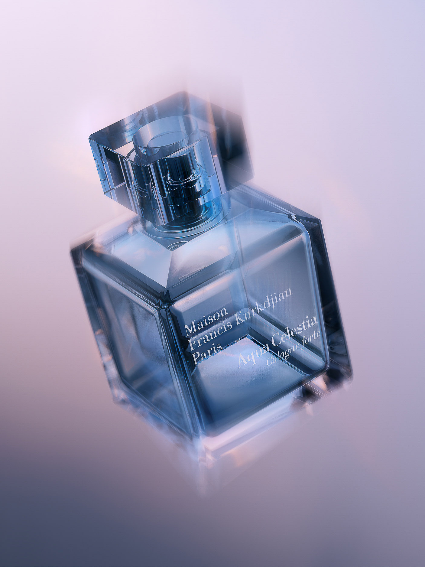 Maison Francis Kurkdjian Aqua Celestia cologne bottle with a square glass design against a gradient purple background in studio lighting.
