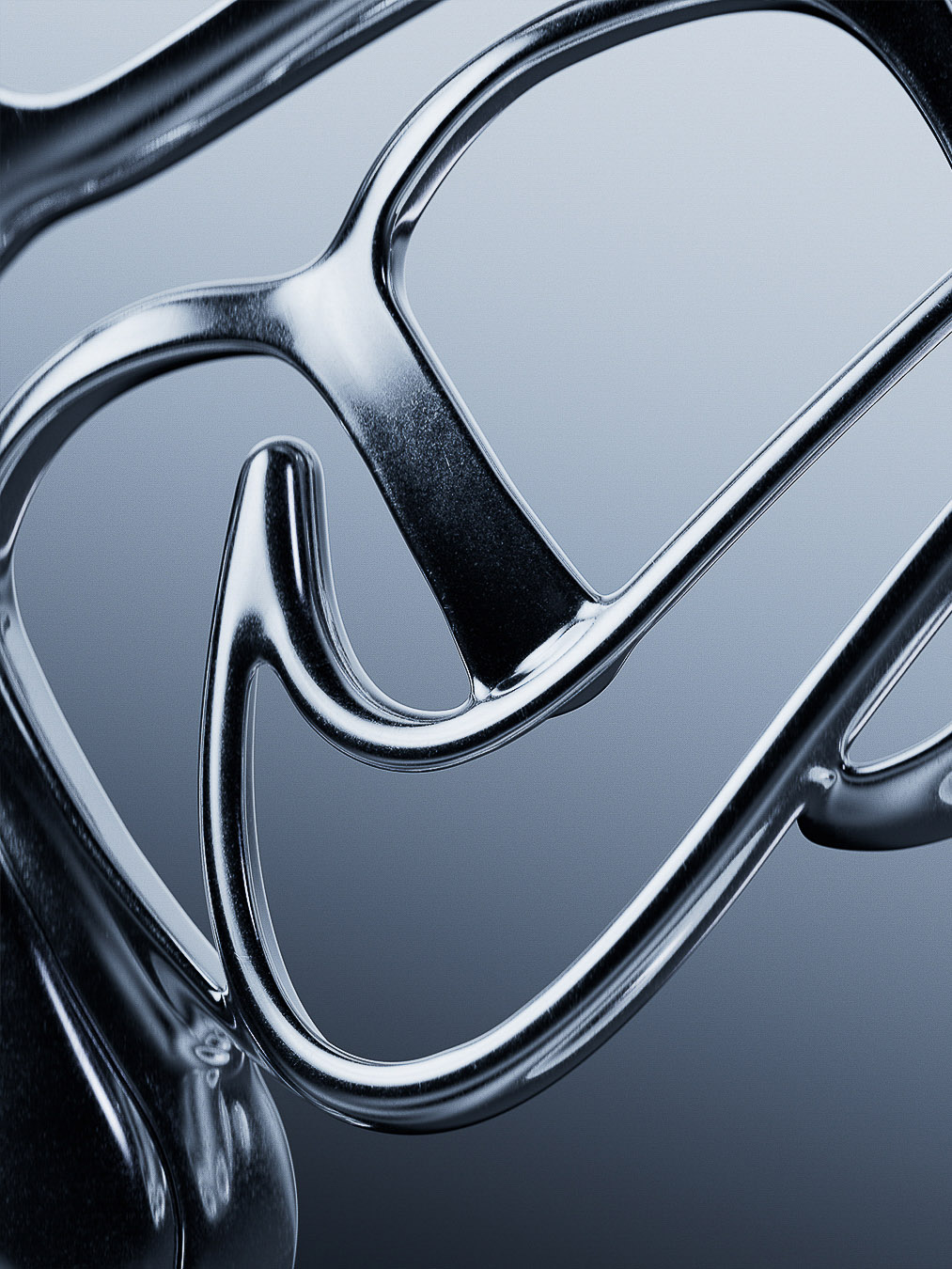 Abstract close-up of a chrome metal structure against a soft gradient background, showcasing fluid lines and reflective surfaces.