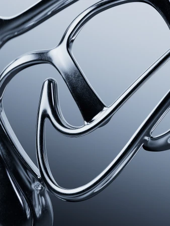 Abstract close-up of a chrome metal structure against a soft gradient background, showcasing fluid lines and reflective surfaces.