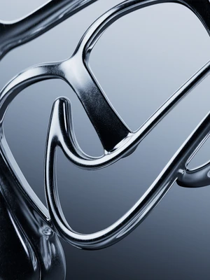 Close-up 3D render of a glossy liquid chrome structure curving into the Nike swoosh logo over a smooth gradient background.
