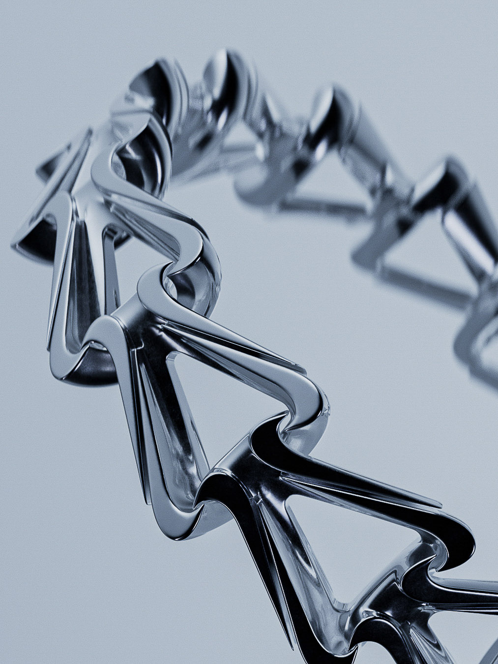 Abstract close-up of an interconnected chain link structure made of reflective metal on a gradient blue background with geometric design.