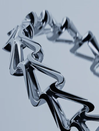 Abstract close-up of an interconnected chain link structure made of reflective metal on a gradient blue background with geometric design.
