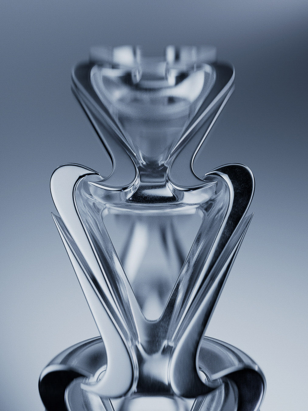 Close-up studio shot of an artful glass vase with a tiered, geometric design in soft lighting, showcasing a modern aesthetic.