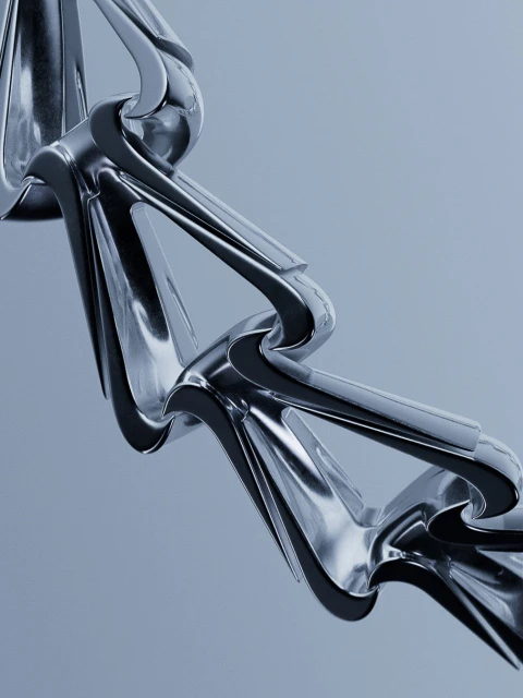 Abstract chrome object on soft blue background. Sleek, reflective, and modern, this abstract sculpture creates an eye-catching form.
