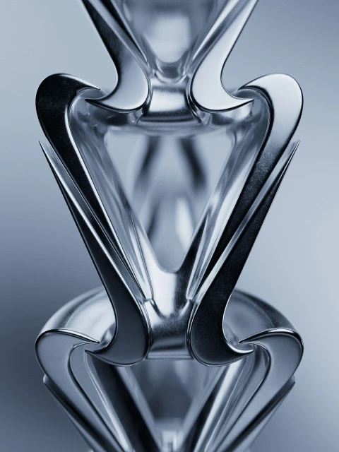 Close-up studio shot of a geometric sculpture with repeating vase-like shapes, metallic finish, and soft, diffused lighting.