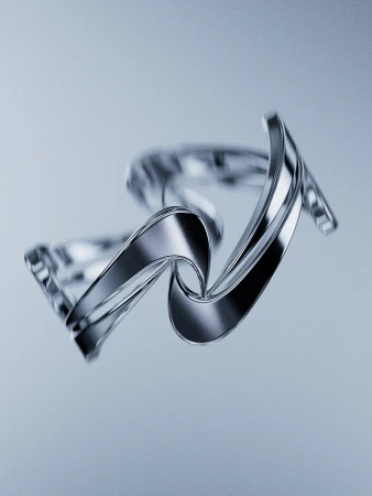 Abstract silver metal ribbon sculpture on pale blue background. Studio photography emphasizing form, texture, and minimalist composition.