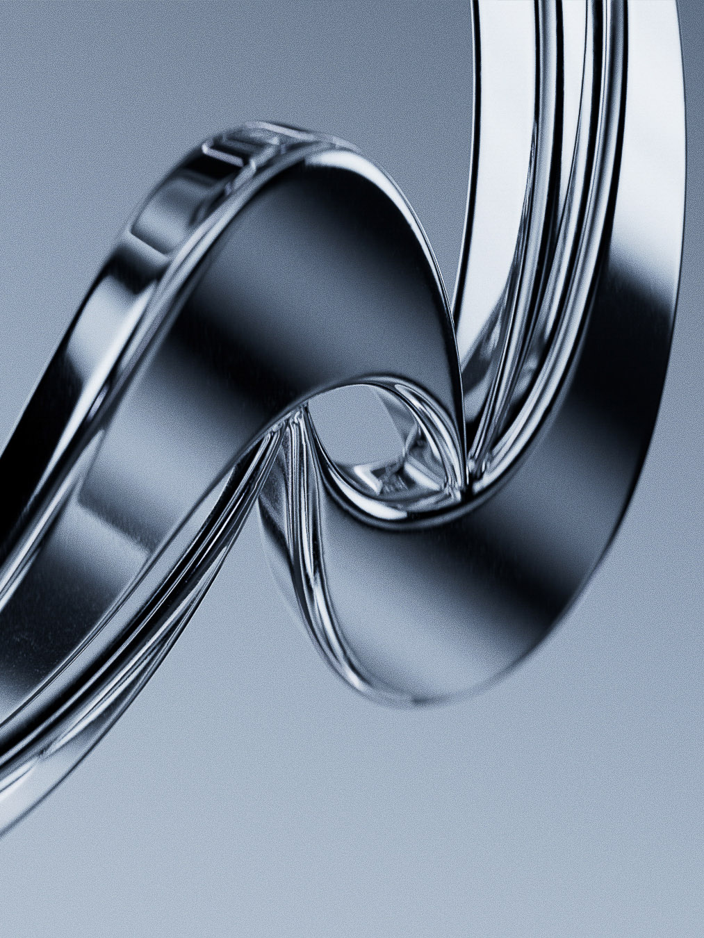 Abstract close-up of a polished, wavy metal structure, featuring smooth reflections and gradients against a soft, neutral background.