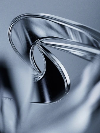 Abstract close-up of a curved, shiny metal object, featuring reflections and smooth surfaces against a soft grey background.