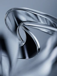 Abstract metallic chrome ribbon twisting with reflective surfaces and specular highlights against a soft cool gradient backdrop.