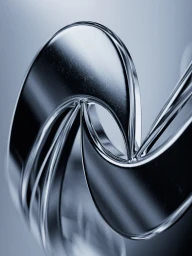Close-up macro shot of a glossy metallic silver abstract sculpture with fluid curving shapes on a soft grey gradient background.