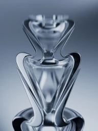 Symmetrical futuristic chrome metallic sculpture with organic curved shapes rendered against a cool gradient backdrop.