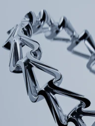 Close-up 3D render of an interlocking chrome metallic chain forming a circular structure against a pale blue-grey background.