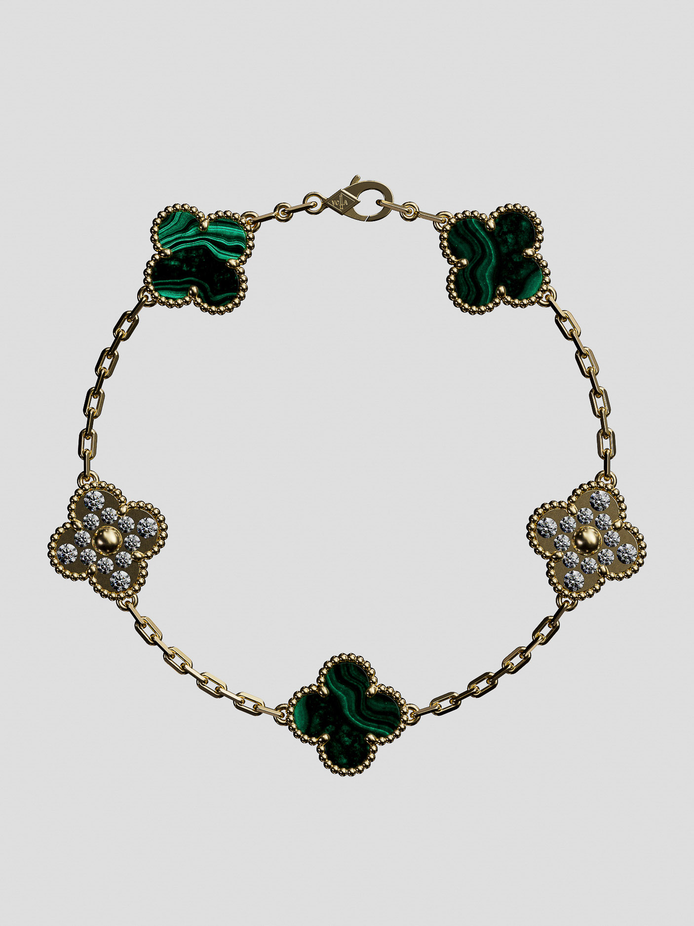 Elegant gold bracelet featuring four-leaf clover charms with malachite and diamond accents, creating a luxurious and stylish jewelry piece.