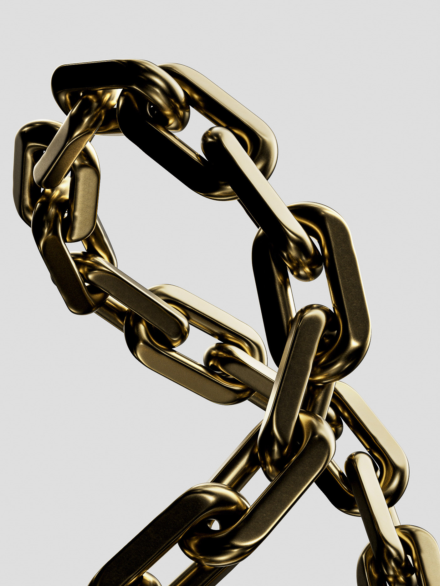 Close-up of shiny gold chain links. The heavy metal jewellery is captured against a neutral backdrop, highlighting its texture and color.