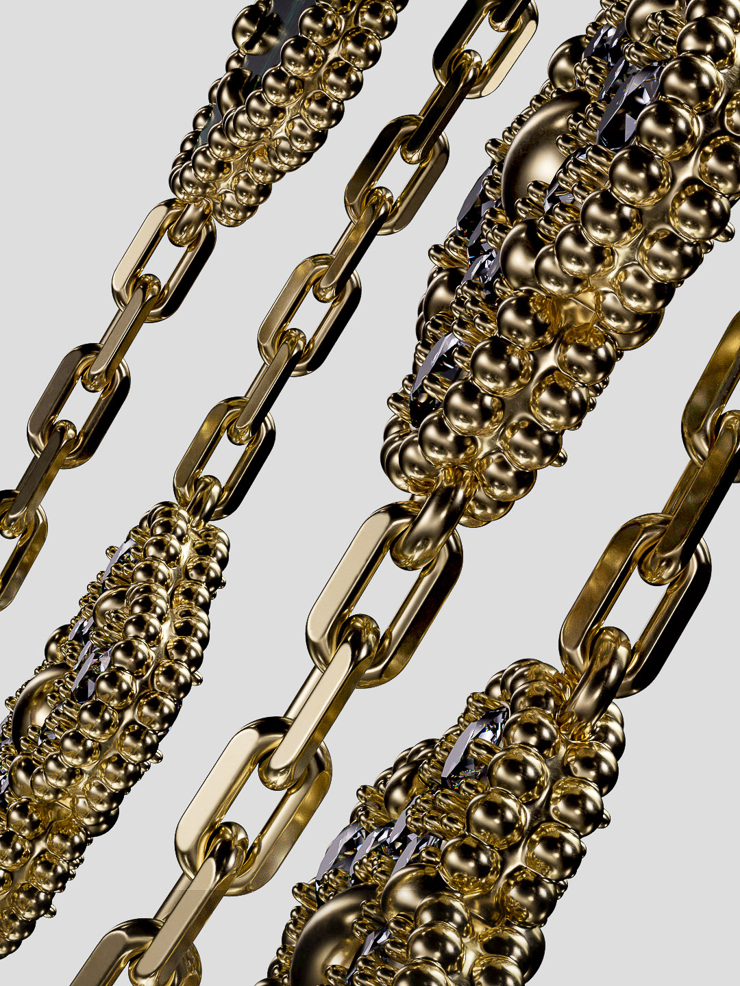 Close-up of gold metal chains with intricate sphere details arranged in diagonal rows against a gray background for graphic effect.