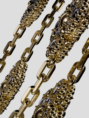 Close-up of gold metal chains with intricate sphere details arranged in diagonal rows against a gray background for graphic effect.