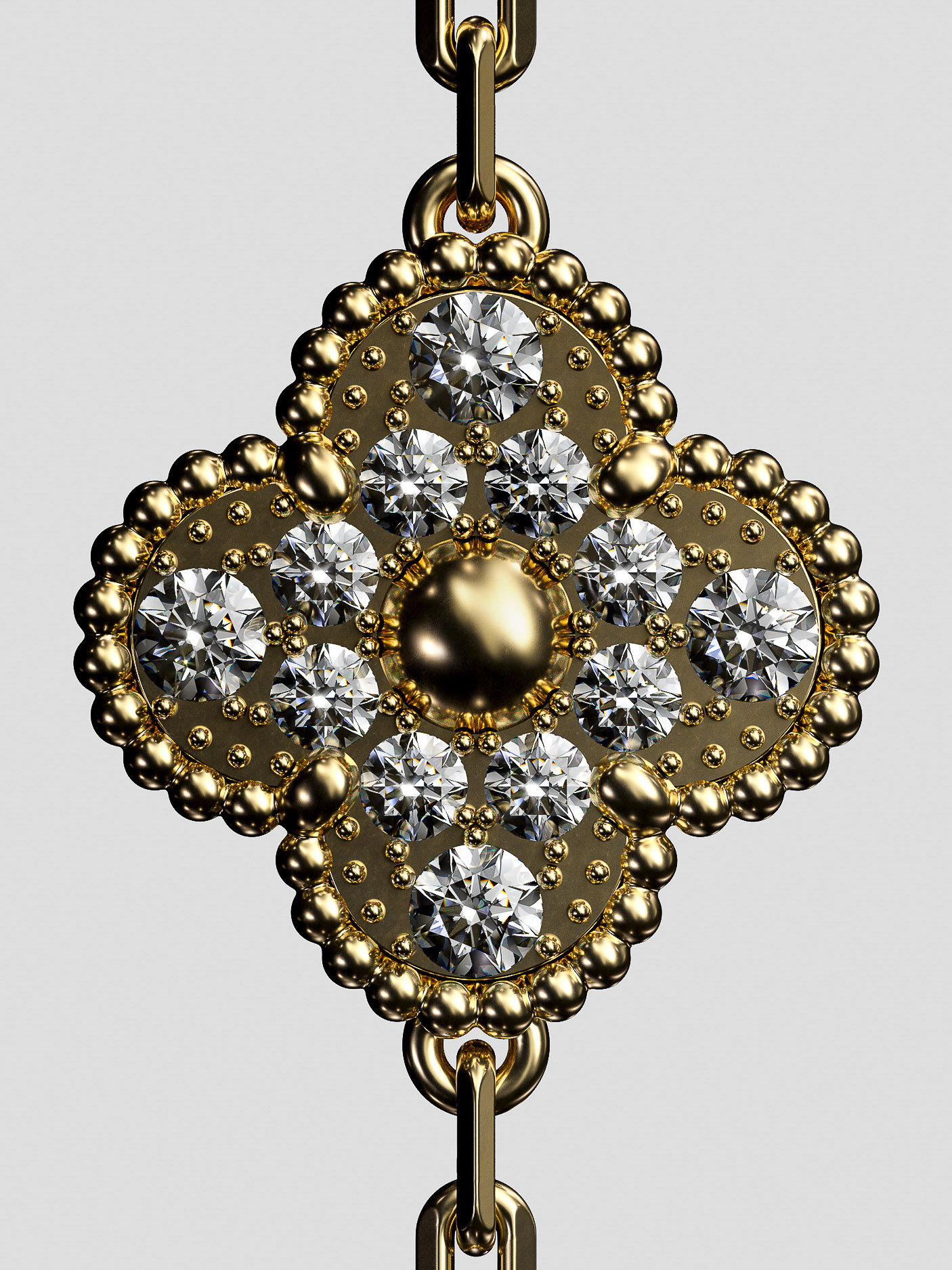 Close-up of an ornate gold pendant necklace with clear gemstones in a clover design, suspended by a thick gold chain against a grey background.